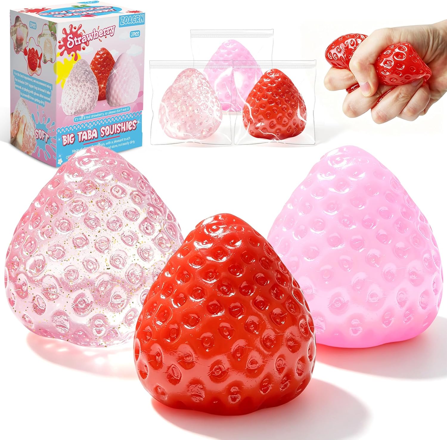 3Pcs Big Taba Squishies Strawberry. Cute Strawberry Squeeze Toys. Upgrade Fruit Squishies. Kawaii Sticky Stress Toy. Clear Fidget Toys. Valentines Gift for Kids. Teen Boys Girls Birthday Gift Ideas : Toys & Games